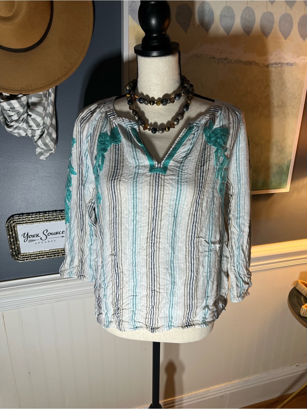 Women's Teal Stripe Embroidered Peasant Top